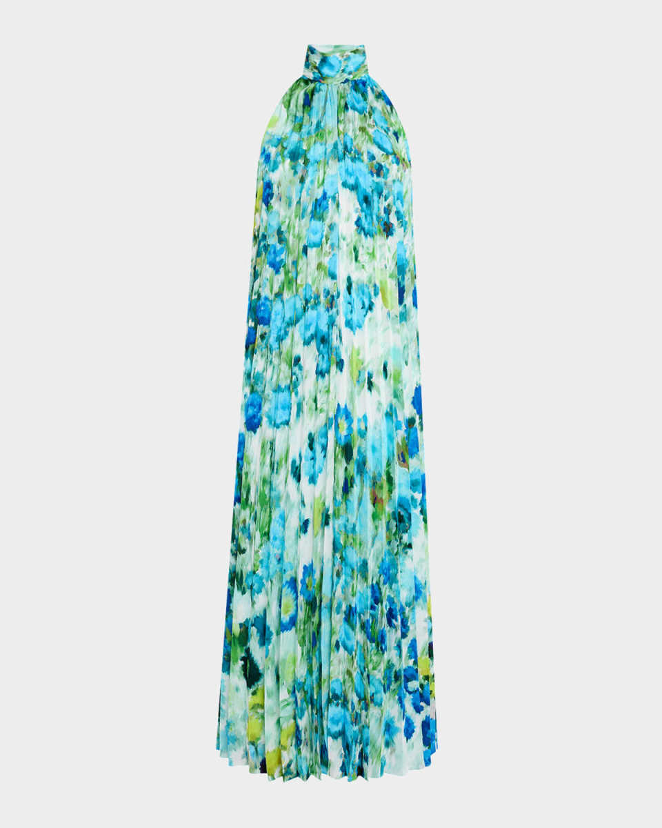 Pleated Watercolor-Print Halter Midi Dress